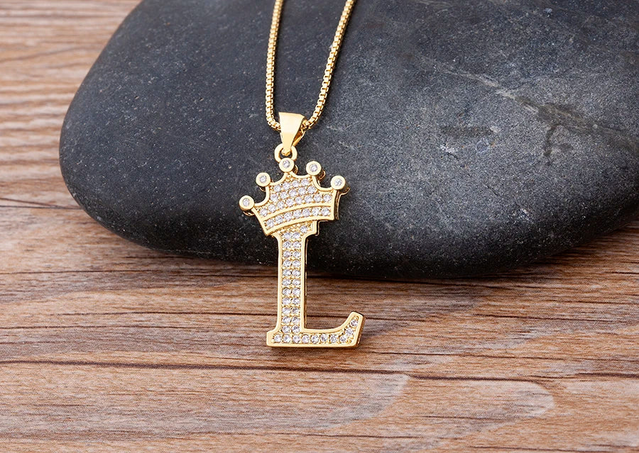 Copper Zircon Initial Crown Necklace – Hip-Hop Alphabet Jewelry for Men and Women