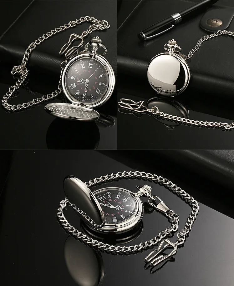 Vintage Roman Numeral Pocket Watch – 37cm Steel Fob Chain for Men and Women