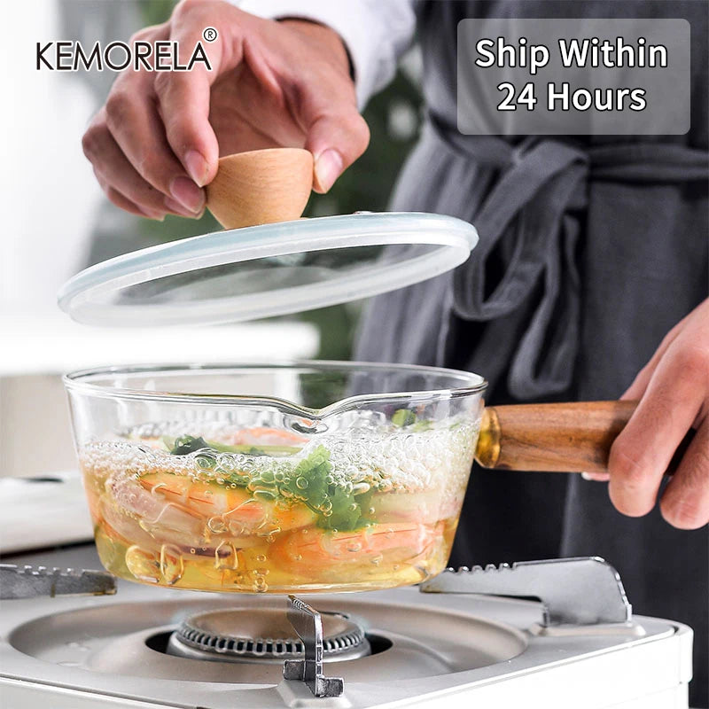 Glass Milk Pot with Wooden Handle – Heat Resistant Cookware for Kitchen Use