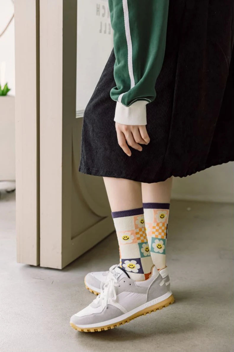 Floral Print Crew Socks – Kawaii Cotton Winter Hosiery for Women