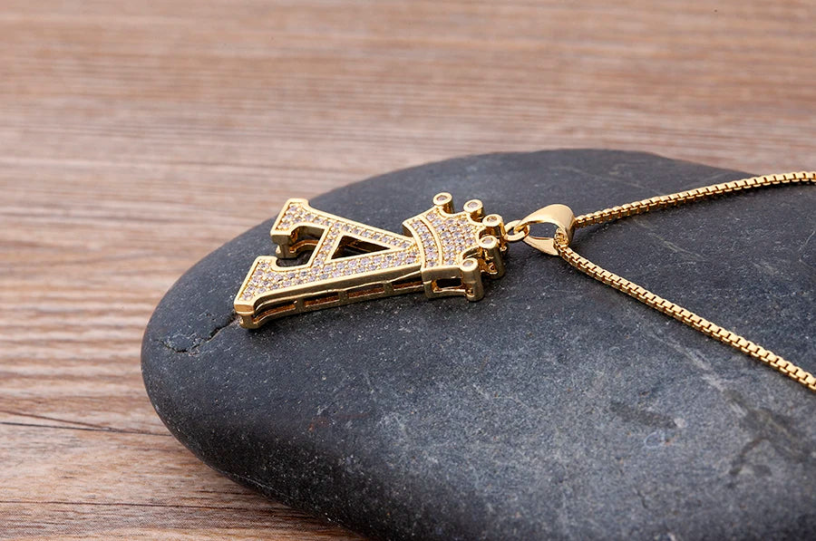 Copper Zircon Initial Crown Necklace – Hip-Hop Alphabet Jewelry for Men and Women