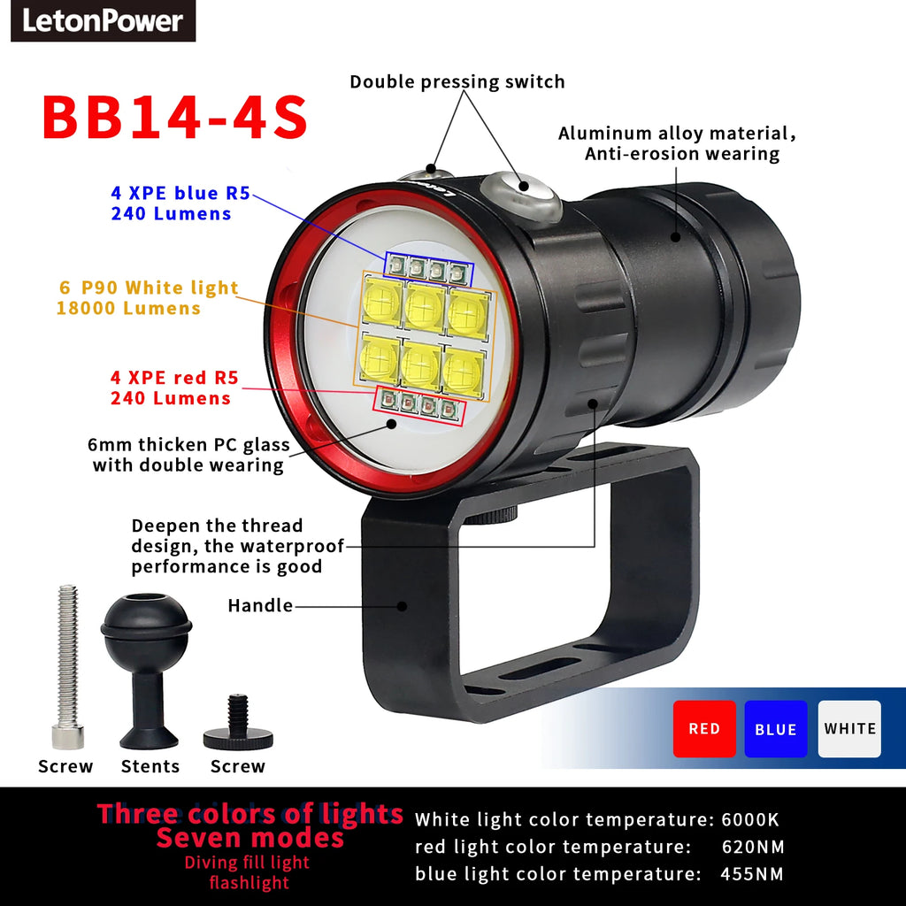 Underwater LED Photography Light – 20000LM Waterproof Video Torch for Diving