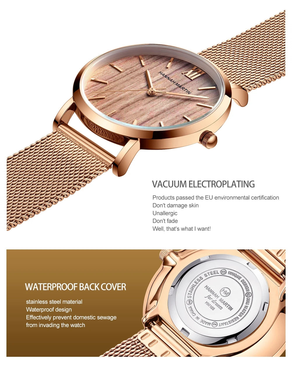 Rose Gold Stainless Steel Watch – Japan Quartz Waterproof for Ladies