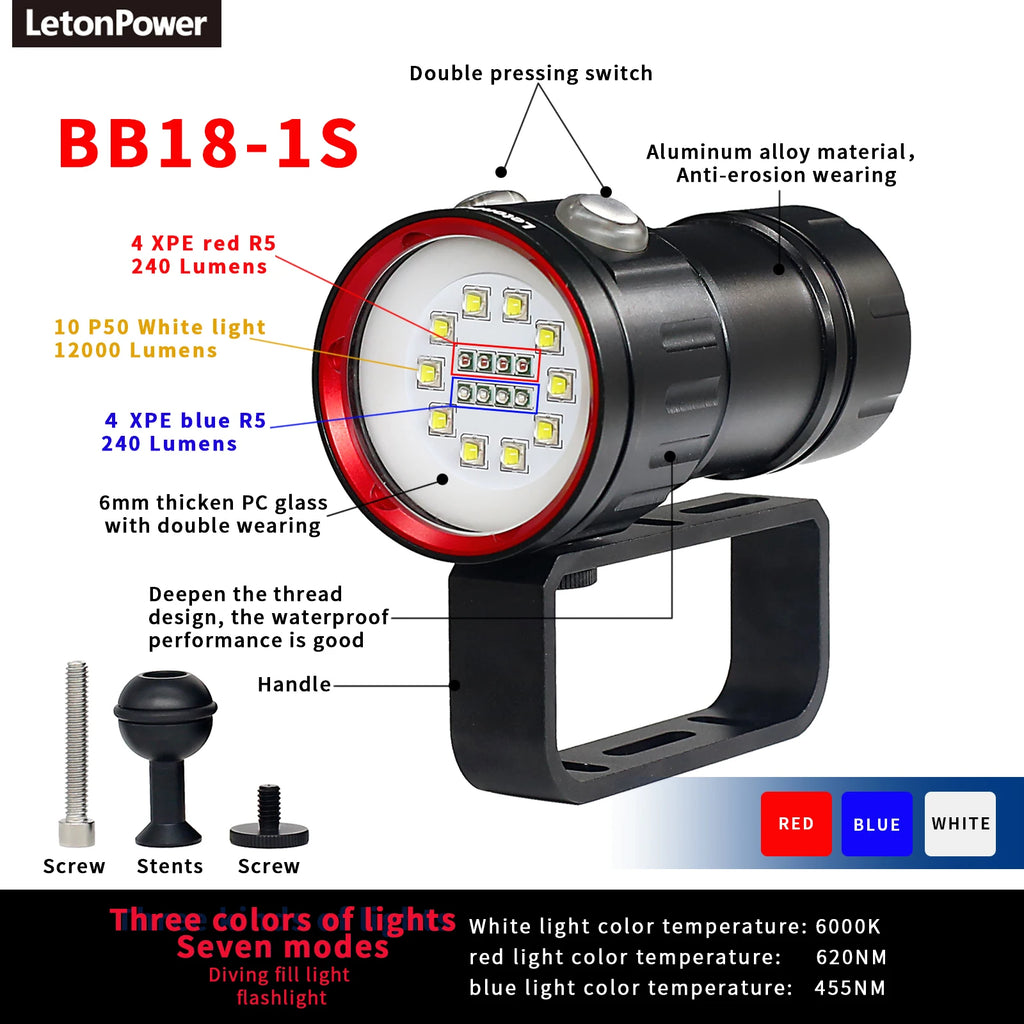 Underwater LED Photography Light – 20000LM Waterproof Video Torch for Diving