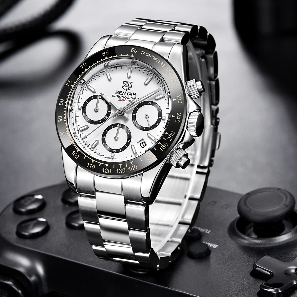 BENYAR Stainless Steel Chronograph Watch – Luxury Quartz for Men
