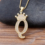 Copper Zircon Initial Crown Necklace – Hip-Hop Alphabet Jewelry for Men and Women