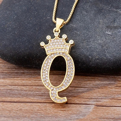 Copper Zircon Initial Crown Necklace – Hip-Hop Alphabet Jewelry for Men and Women