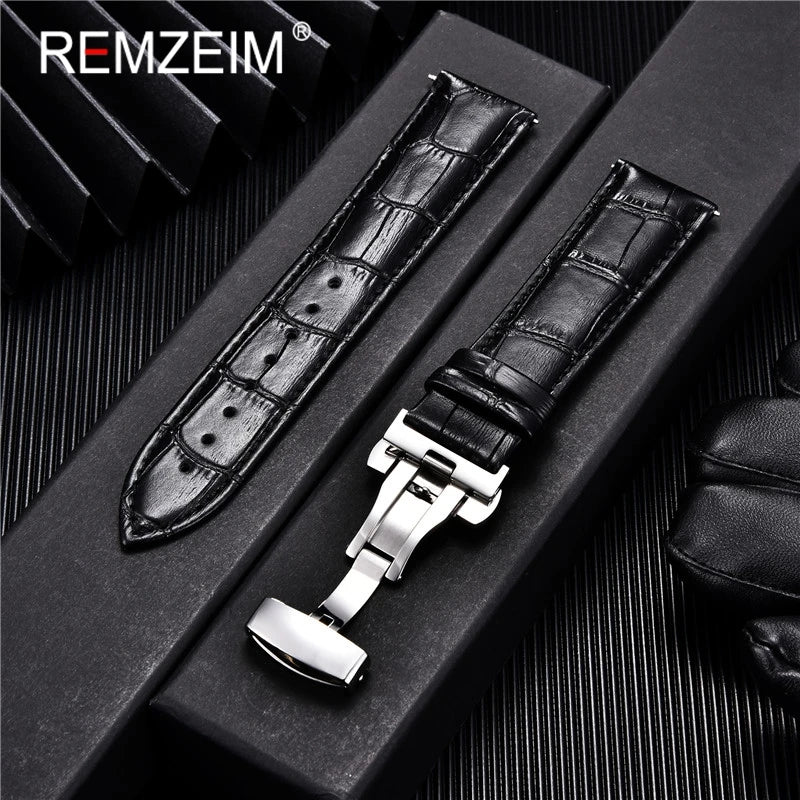 Genuine Calfskin Leather Watch Strap – Butterfly Buckle for Business