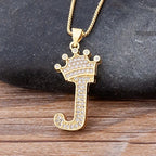 Copper Zircon Initial Crown Necklace – Hip-Hop Alphabet Jewelry for Men and Women