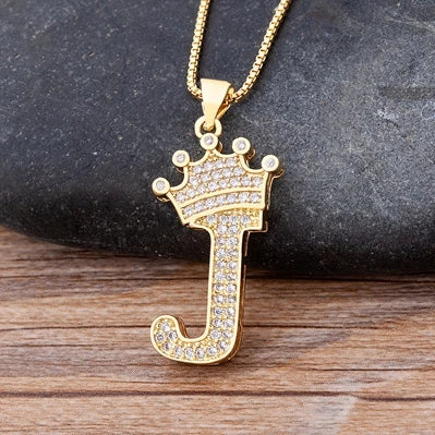 Copper Zircon Initial Crown Necklace – Hip-Hop Alphabet Jewelry for Men and Women