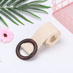 Woven Straw Waist Belt – Round Wooden Buckle for Summer Dress Accessories