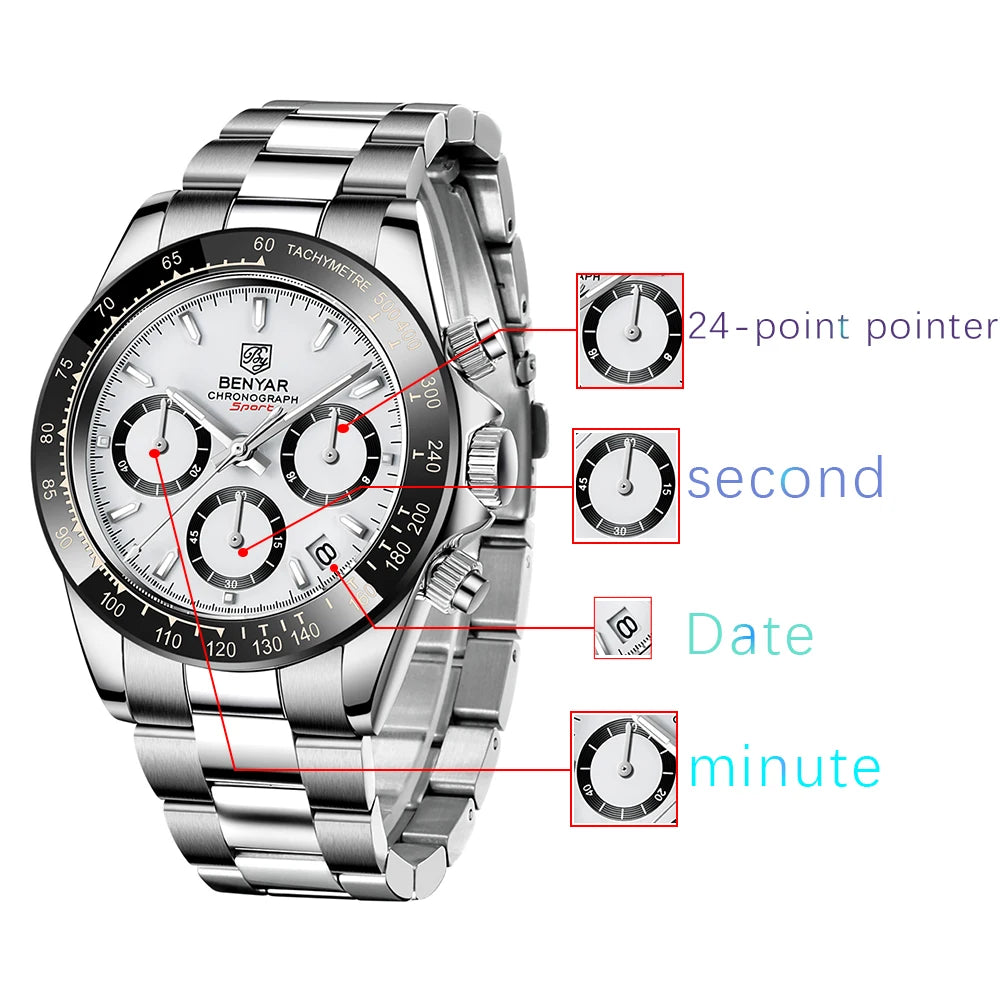 BENYAR Stainless Steel Chronograph Watch – Luxury Quartz for Men
