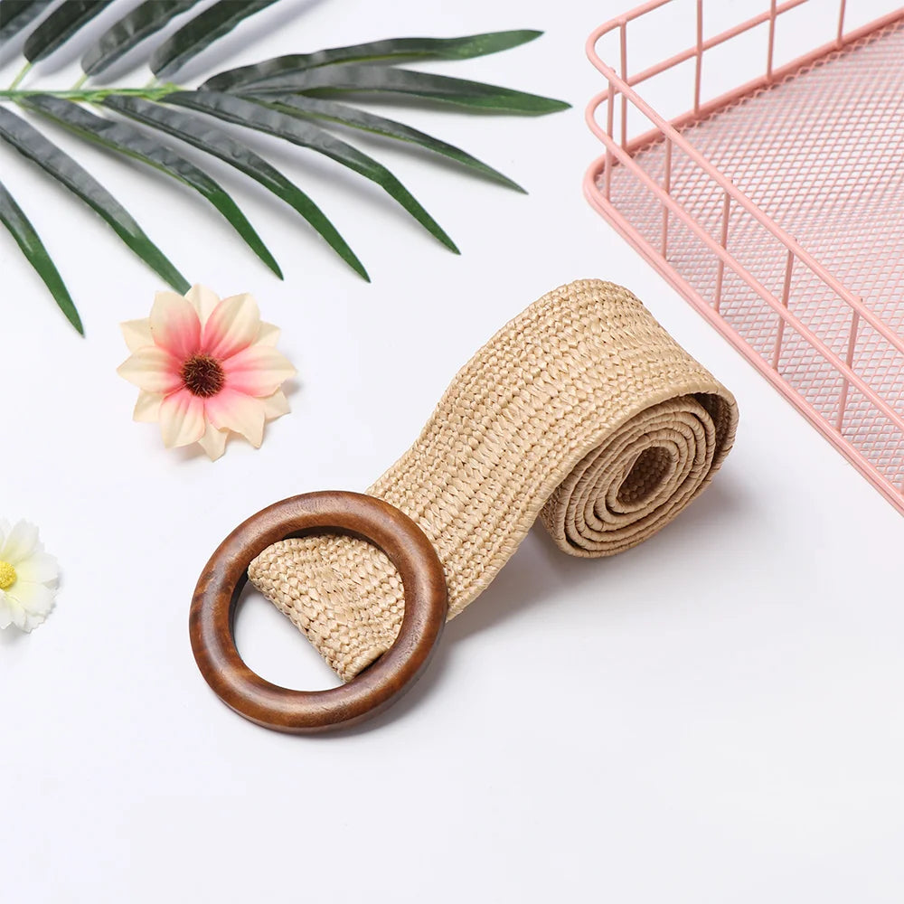 Woven Straw Waist Belt – Round Wooden Buckle for Summer Dress Accessories