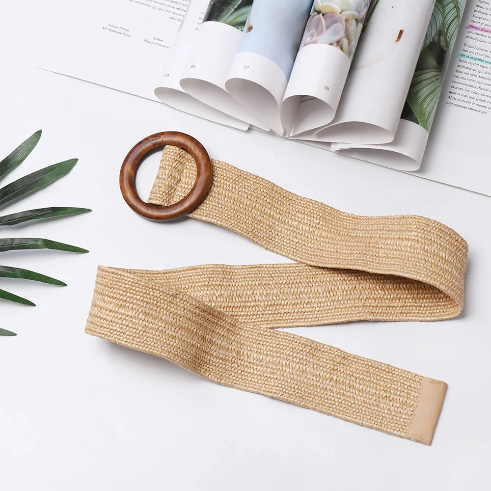 Woven Straw Waist Belt – Round Wooden Buckle for Summer Dress Accessories