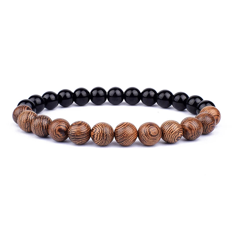 Lava Stone and Wood Bead Bracelet – 8mm Tibetan Buddha Jewelry for Men and Women