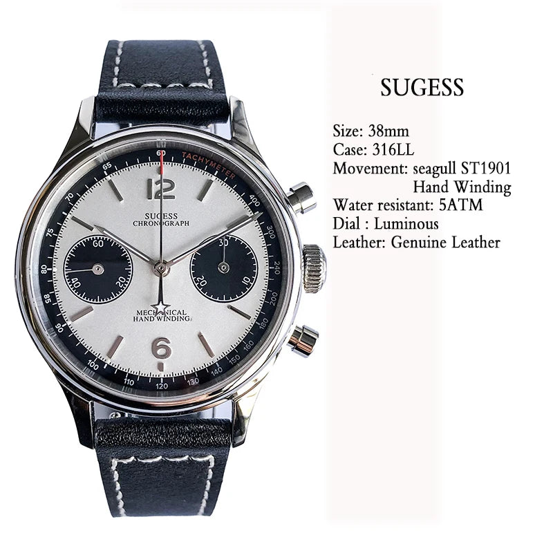 Sugess 1963 Mechanical Chronograph Watch – Sapphire Pilot Style for Men