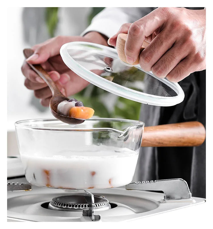 Glass Milk Pot with Wooden Handle – Heat Resistant Cookware for Kitchen Use