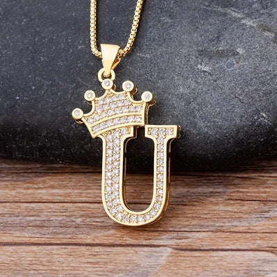 Copper Zircon Initial Crown Necklace – Hip-Hop Alphabet Jewelry for Men and Women
