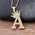 Copper Zircon Initial Crown Necklace – Hip-Hop Alphabet Jewelry for Men and Women