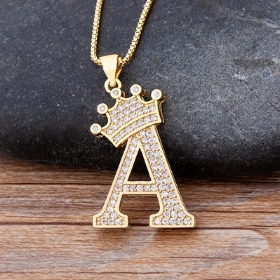 Copper Zircon Initial Crown Necklace – Hip-Hop Alphabet Jewelry for Men and Women