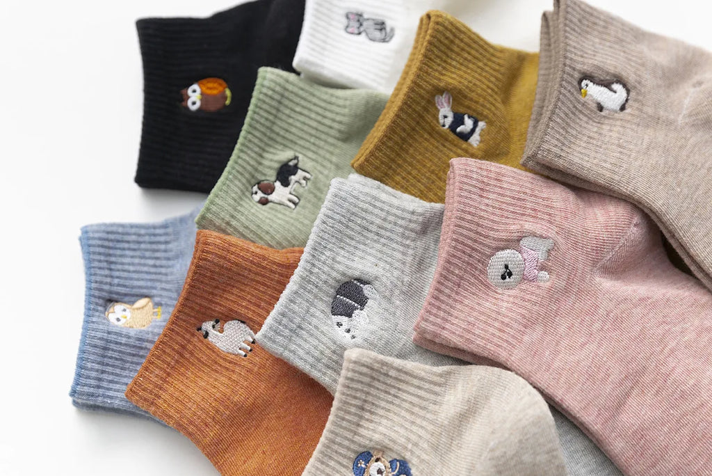 Embroidered Cotton Animal Socks – Kawaii Casual Streetwear for Women