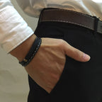 Genuine Leather Bar Bracelet – Stainless Steel Layered Bangle for Men Women