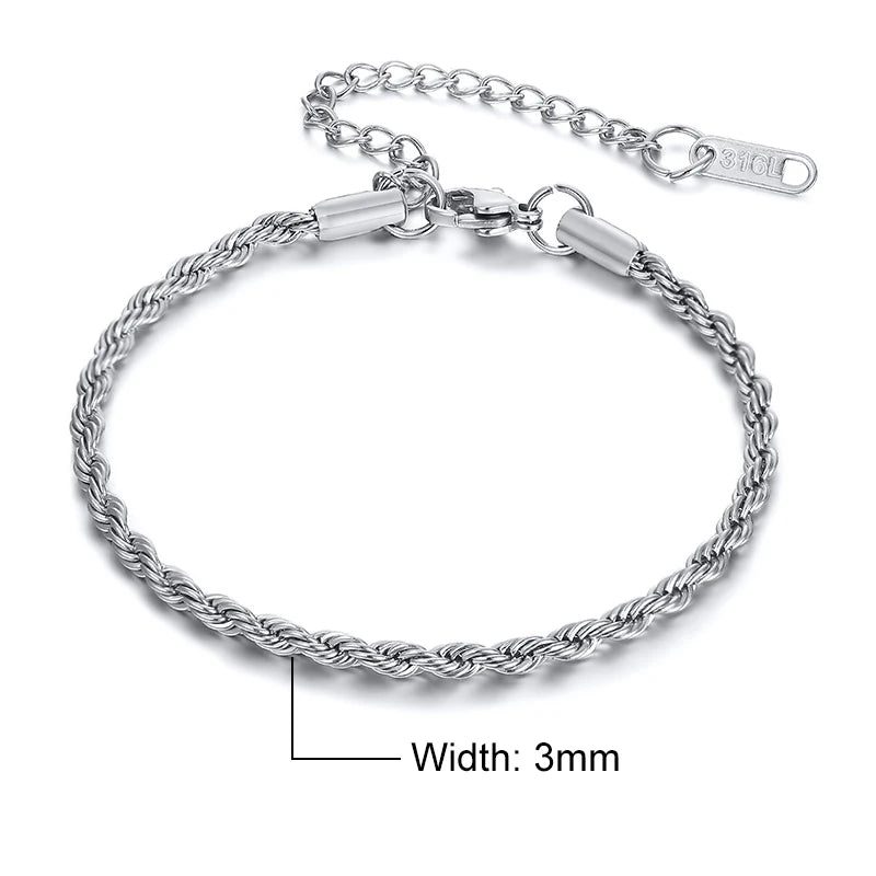 Stainless Steel Rope Chain Bracelet – Unisex Twisted Link Jewelry for Gift