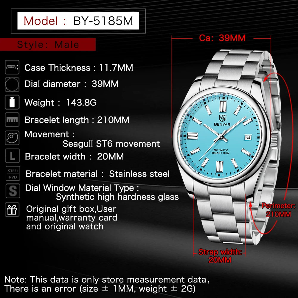 Stainless Steel Mechanical Watch – 10Bar Waterproof for Diving and Sports