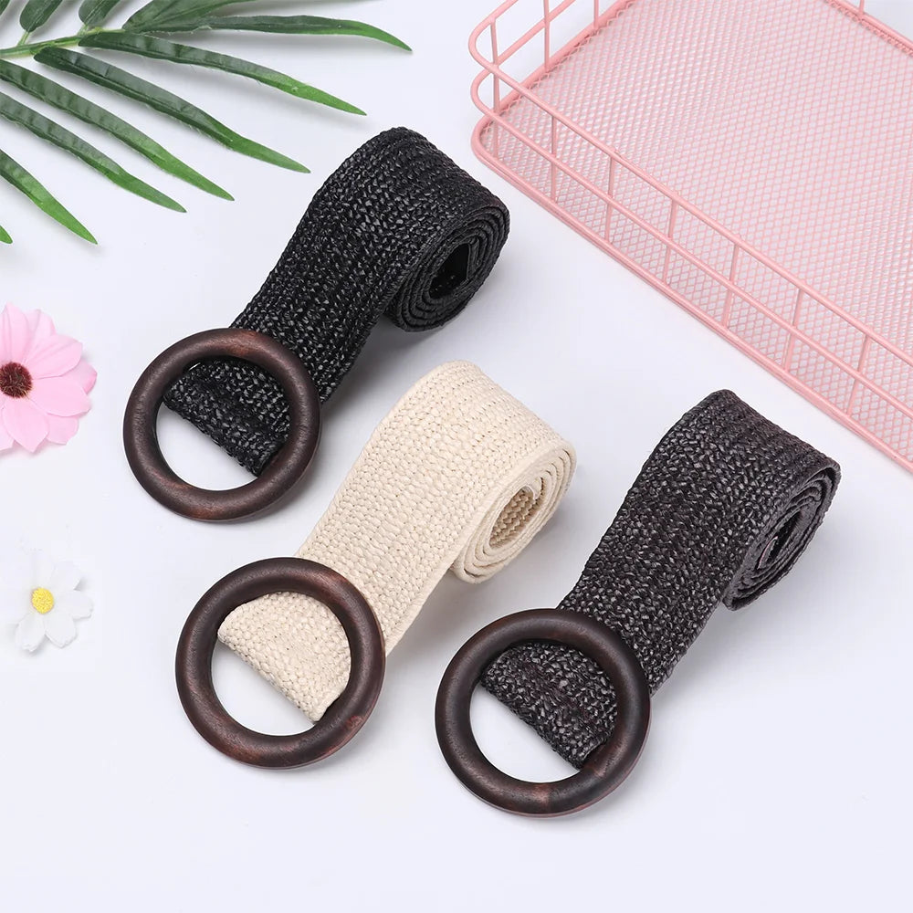 Woven Straw Waist Belt – Round Wooden Buckle for Summer Dress Accessories