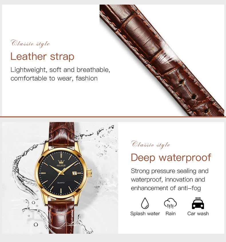 OLEVS Quartz Wristwatch – Leather Strap for Business Casual Wear