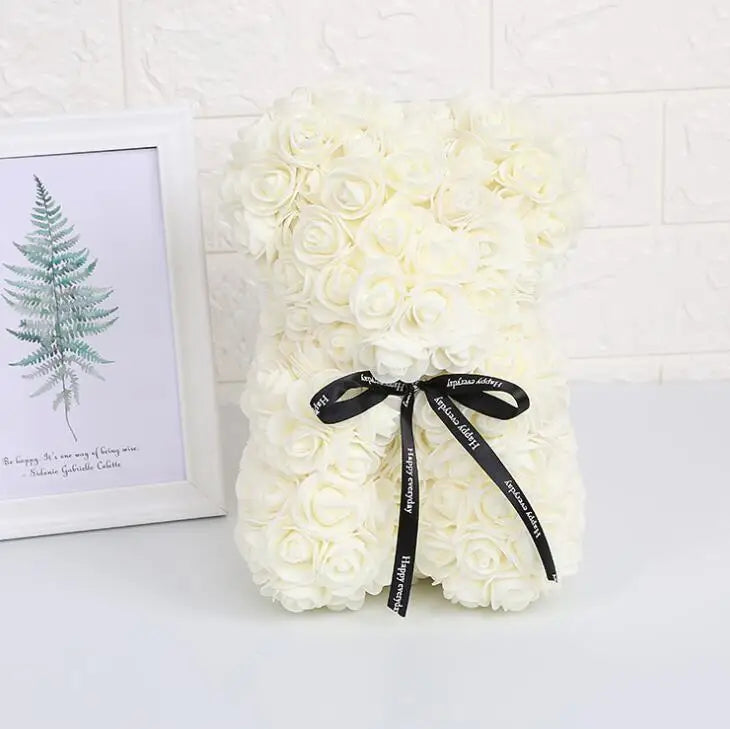 Artificial Rose Bear – 25cm Flower Figurine for Valentine Anniversary Gift