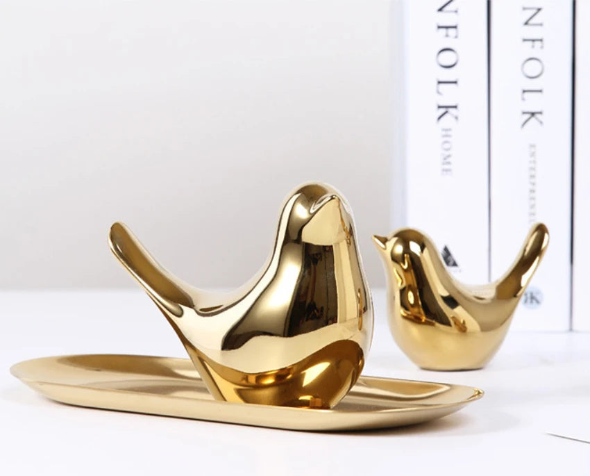 Nordic Gold Ceramic Bird Statue – Modern Animal Sculpture for Home Decor