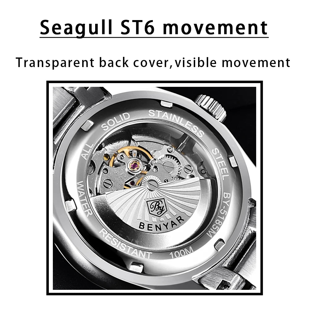 Stainless Steel Mechanical Watch – 10Bar Waterproof for Diving and Sports