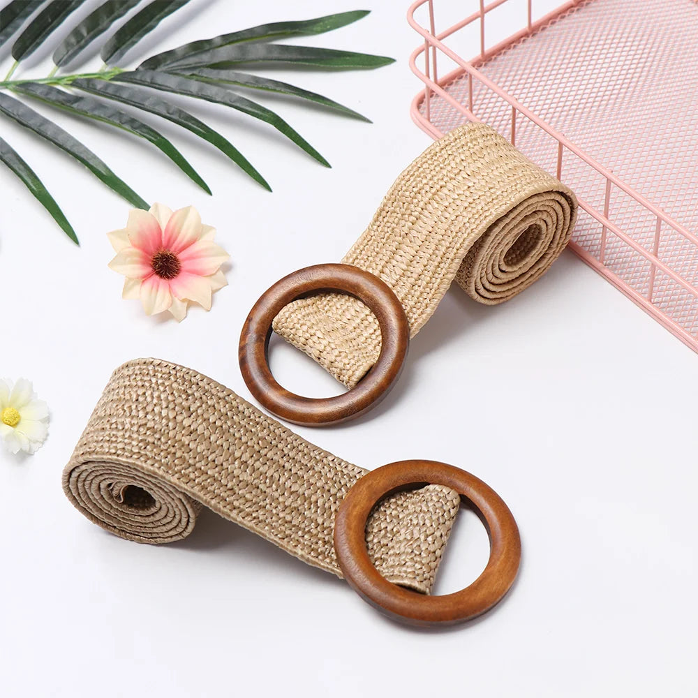 Woven Straw Waist Belt – Round Wooden Buckle for Summer Dress Accessories