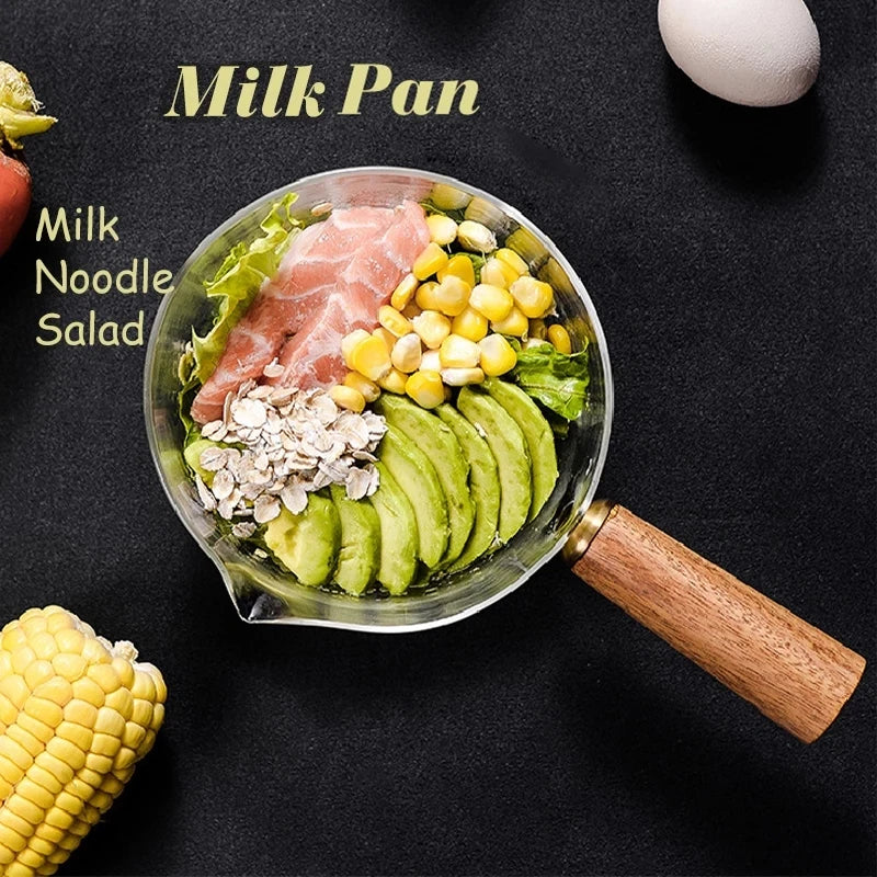 Glass Milk Pot with Wooden Handle – Heat Resistant Cookware for Kitchen Use