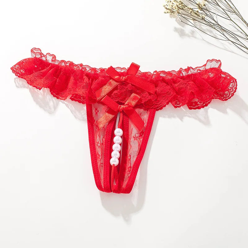 Lace G-String Thong – Pearl Back Bow Details for Sexy Lingerie