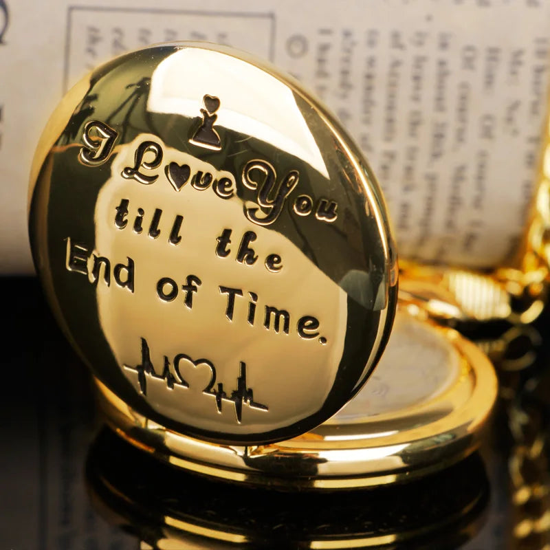 Golden Quartz Pocket Watch – I Love You Engraved Gift for Anniversary