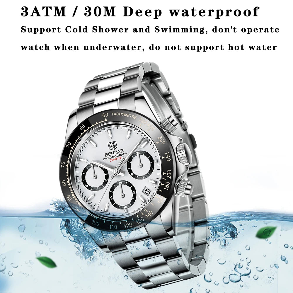 BENYAR Stainless Steel Chronograph Watch – Luxury Quartz for Men