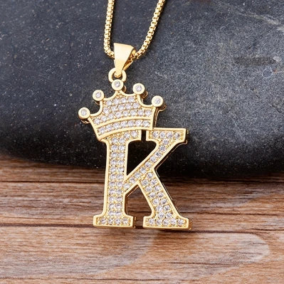 Copper Zircon Initial Crown Necklace – Hip-Hop Alphabet Jewelry for Men and Women