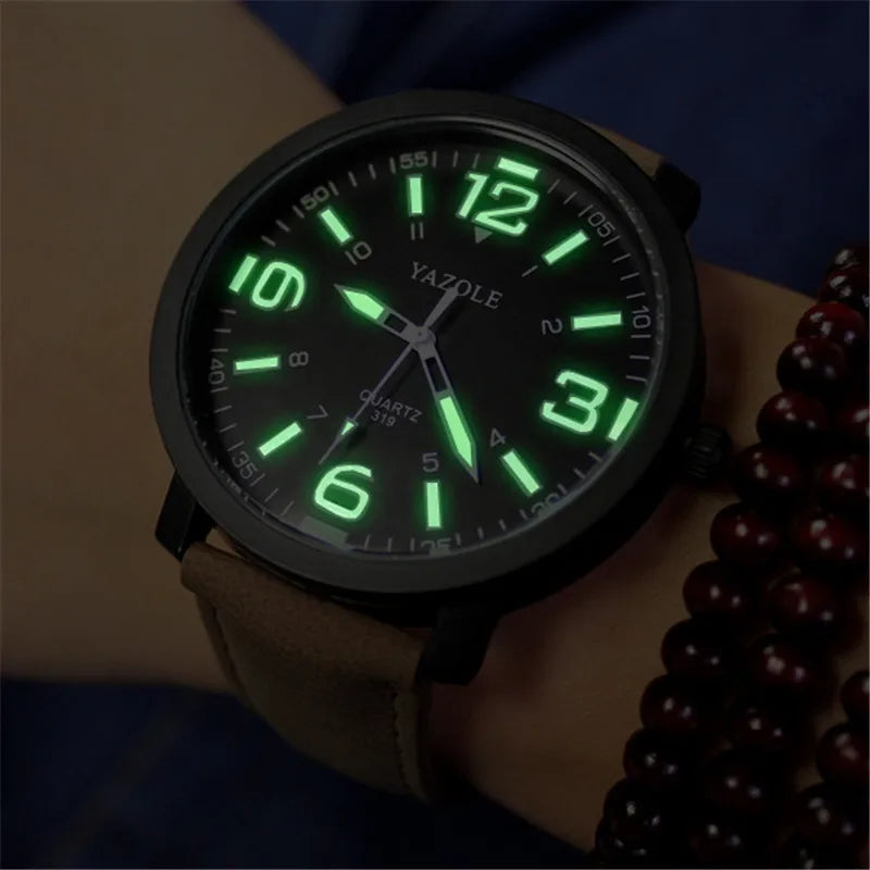 Leather Quartz Men Watch – Night Light Dial for Business Casual Attire