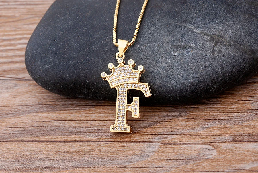 Copper Zircon Initial Crown Necklace – Hip-Hop Alphabet Jewelry for Men and Women