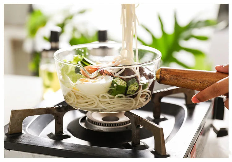 Glass Milk Pot with Wooden Handle – Heat Resistant Cookware for Kitchen Use
