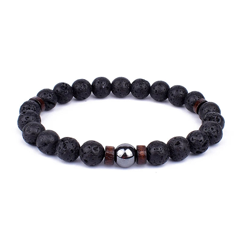 Lava Stone and Wood Bead Bracelet – 8mm Tibetan Buddha Jewelry for Men and Women