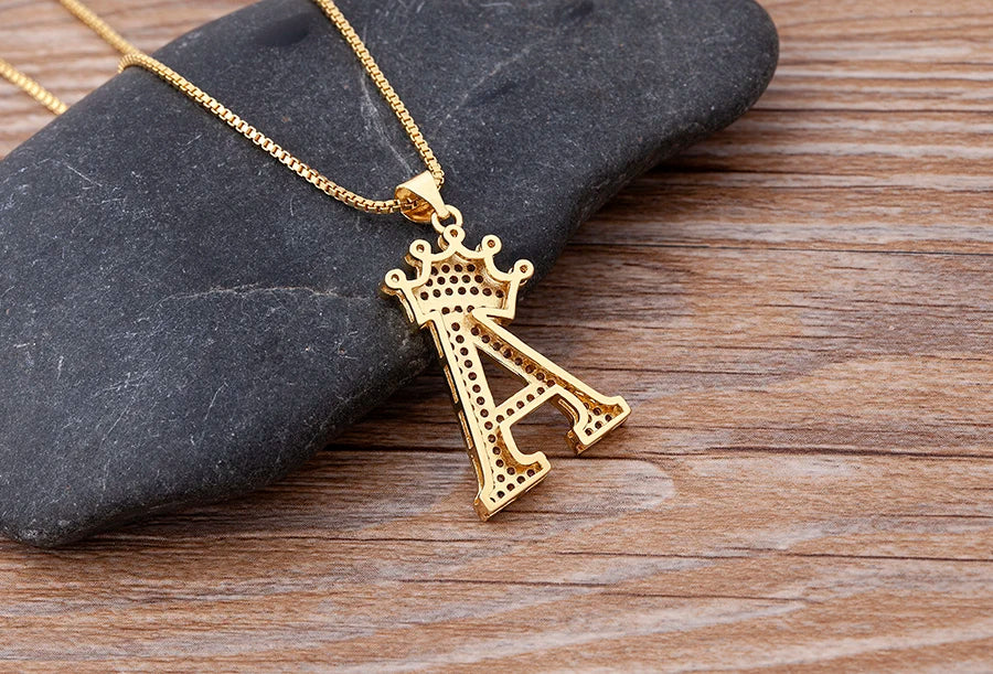 Copper Zircon Initial Crown Necklace – Hip-Hop Alphabet Jewelry for Men and Women