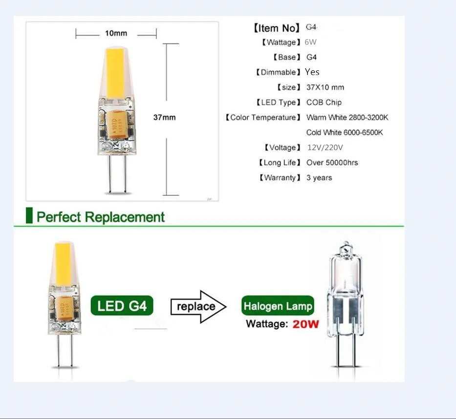 Dimmable G4 LED COB Bulbs – Energy Efficient Lighting for Chandeliers