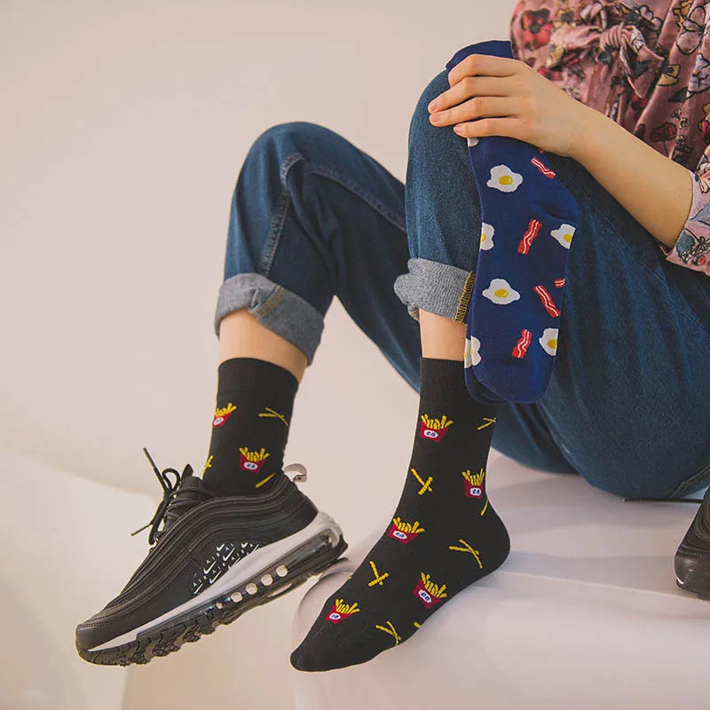 Novelty Food Print Crew Socks – Funny Cartoon Cotton Socks for Casual Wear