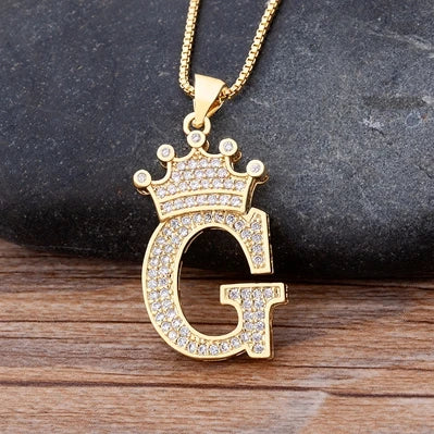 Copper Zircon Initial Crown Necklace – Hip-Hop Alphabet Jewelry for Men and Women