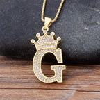 Copper Zircon Initial Crown Necklace – Hip-Hop Alphabet Jewelry for Men and Women