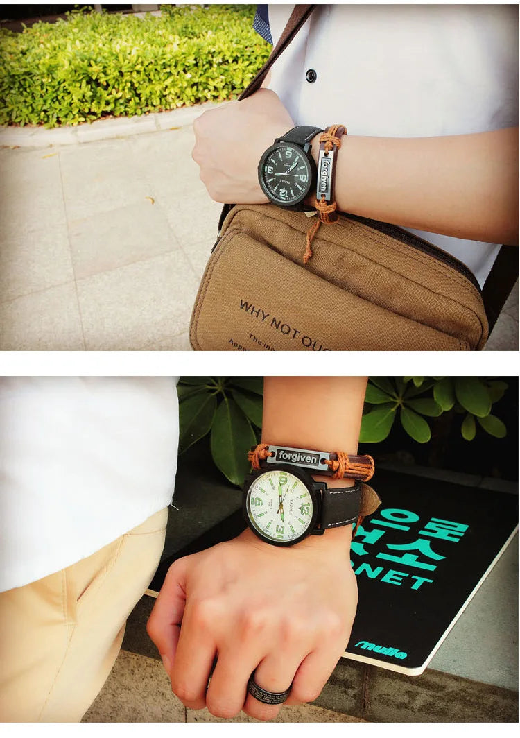 Leather Quartz Men Watch – Night Light Dial for Business Casual Attire