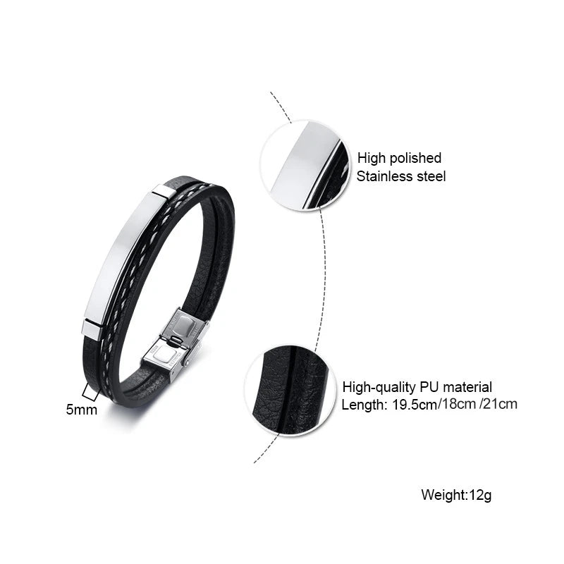Genuine Leather Bar Bracelet – Stainless Steel Layered Bangle for Men Women